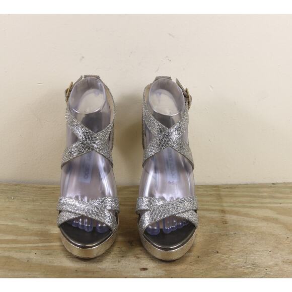 Jimmy Choo Heel 38.5 Vamp Silver Gold Glitter Fabric Platform 5" Sandals Shoes - Picture 3 of 15